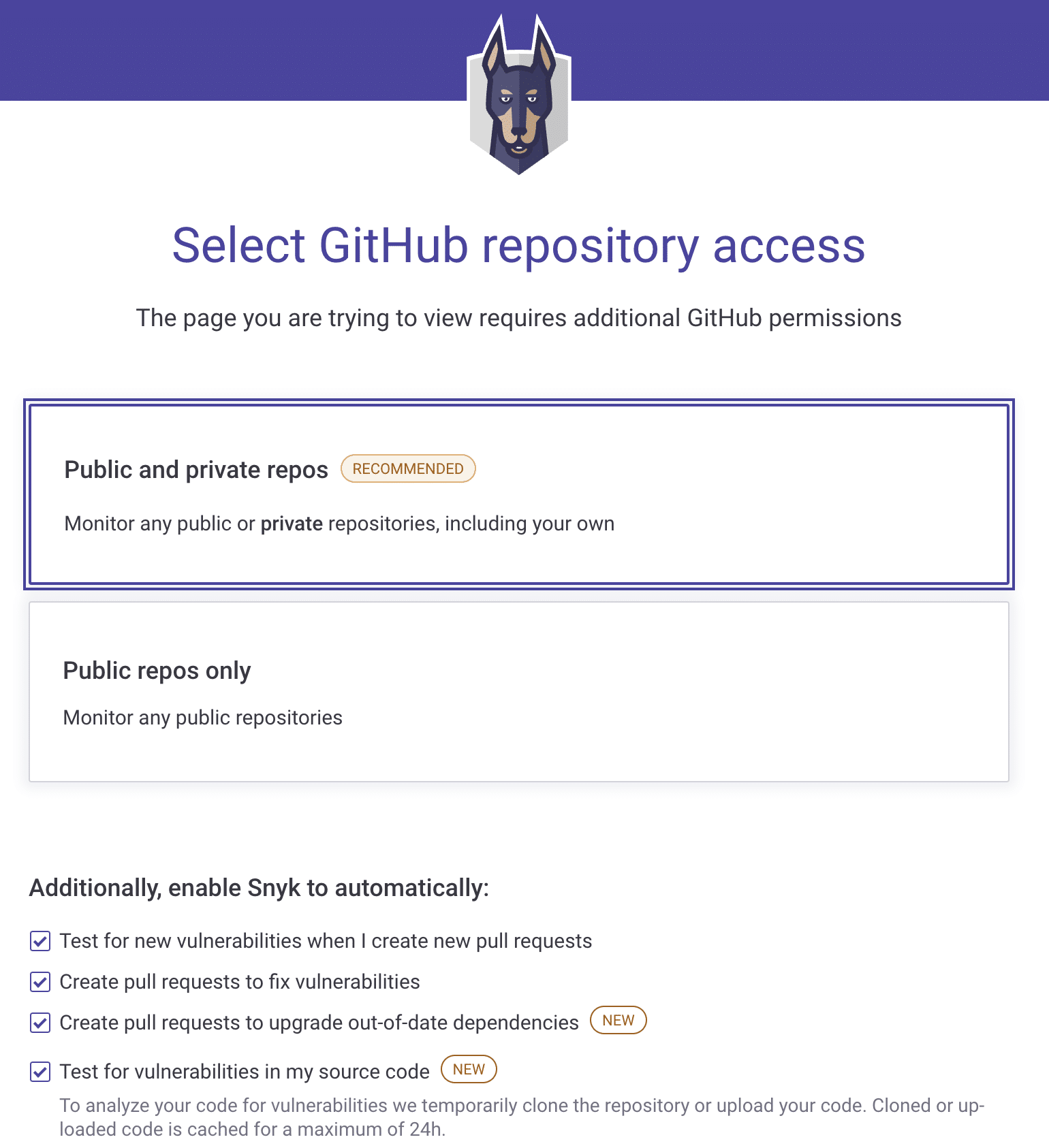 Snyk Open Source GitHub repository access and additional features
