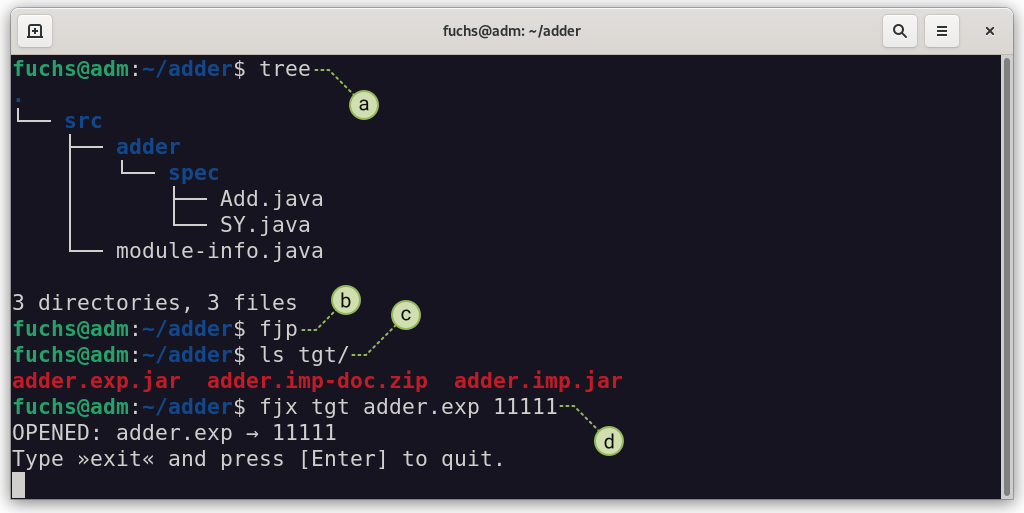 screenshot, bash: Example of using FEPCOS-J: a source code structure of a system specification in Java that fjp processes to generate an output, which fjx can export afterwards.