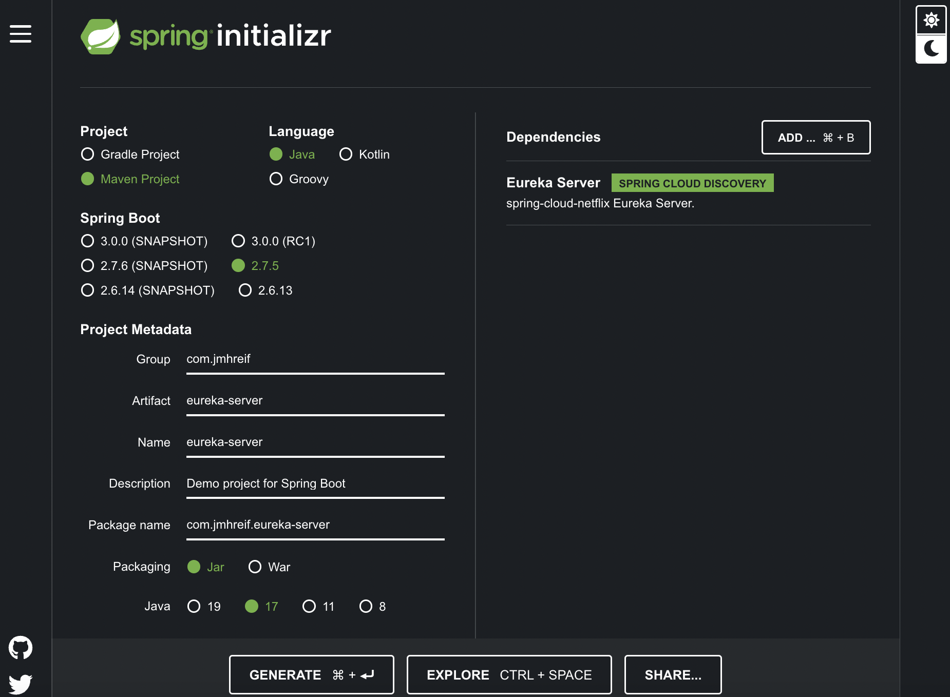 Spring Initializr Eureka server project