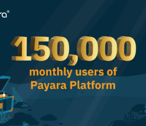 Image with text '150,000 monthly users of Payara Platform' and treasure chest, Payara Logo
