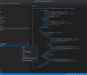 Screenshot of Visual Studio Code IDE and Liberty Tools Dashboard and action menu.