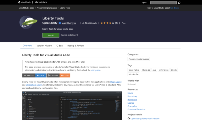 A screenshot of the Liberty Tools for Visual Studio Code extension in the VS Code marketplace.