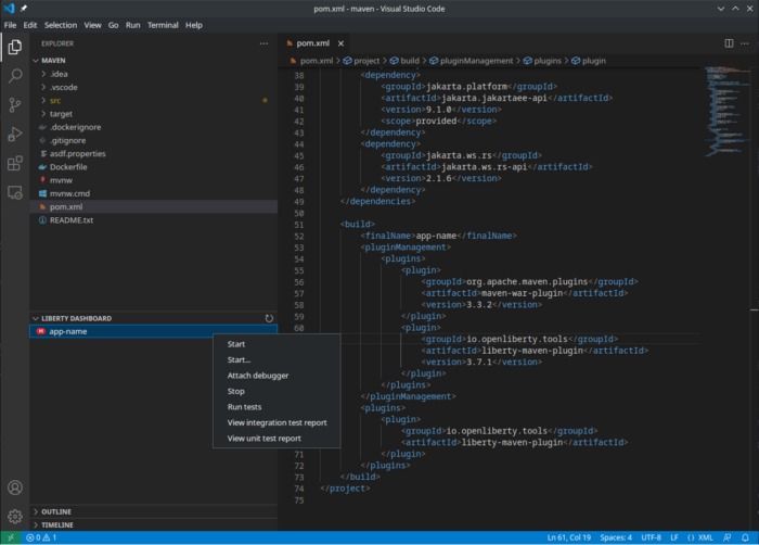 Screenshot of Visual Studio Code IDE and Liberty Tools Dashboard and action menu.