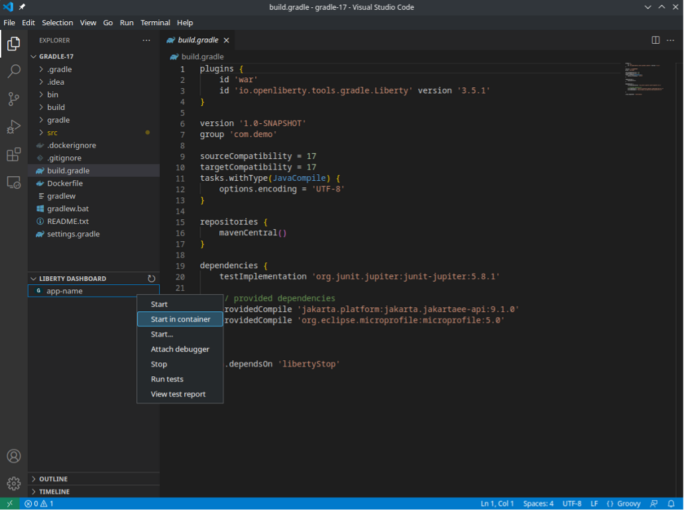 Screenshot of how to start Liberty in a container with dev mode using Liberty Tools Dashboard in Visual Studio Code.