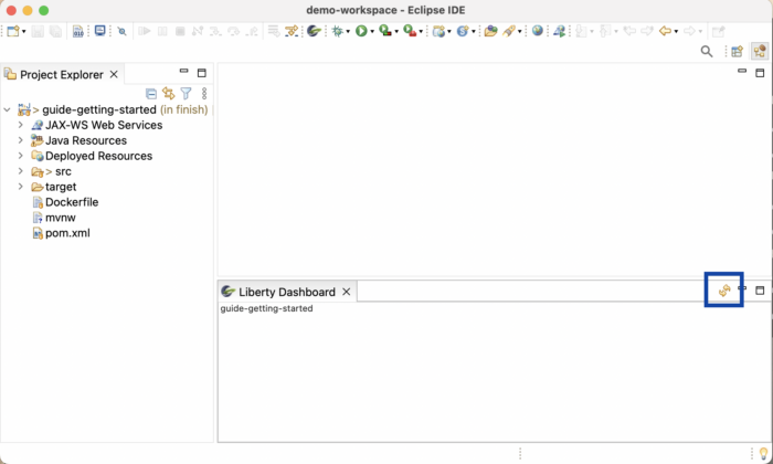 Screenshot of Liberty Tools dashboard refresh icon highlighted in the Eclipse IDE