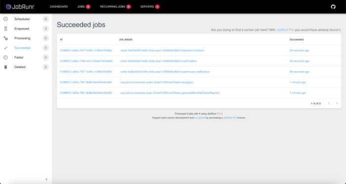 The jobs page on the dashboard of JobRunr
task scheduler in Java