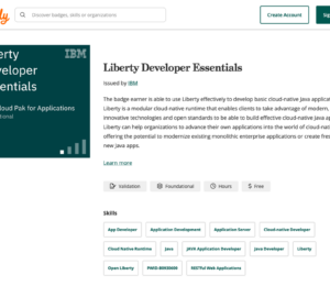 Screenshot of Liberty Developer Essentials badge on Credly website