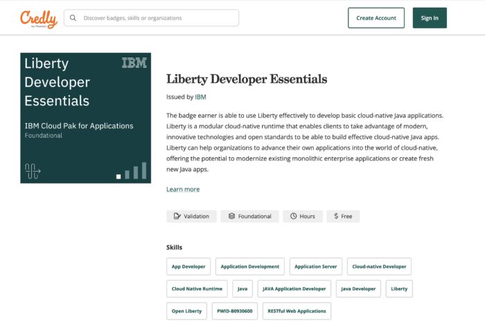 Screenshot of Liberty Developer Essentials badge on Credly website