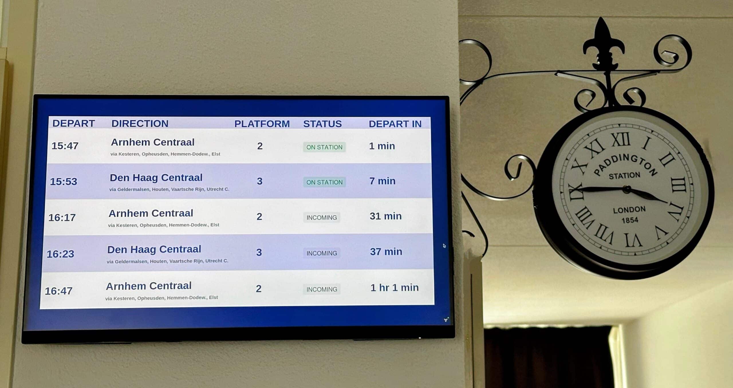 custom railway display showing the train timings