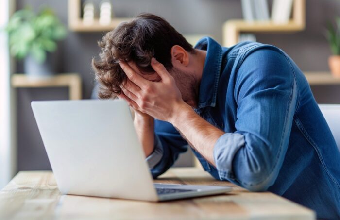 Man at laptop with his head in his hands.