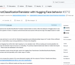 Screenshot of a GitHub pull request titled “Align ZeroShotClassificationTranslator with Hugging Face behavior #3712” in the DJL (Deep Java Library) repository. The PR was created by raphaeldelio and merged by xyang16. It describes improvements to the translator to match the behavior of Hugging Face’s zero-shot classification pipeline in Python. The right panel shows reviewers (frankfliu, xyang16, zachgk), all marked as reviewed. The PR includes 4 commits, 5 checks, and changes in 3 files.