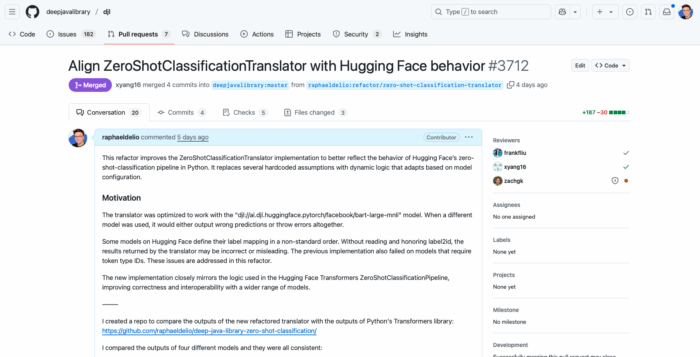 Screenshot of a GitHub pull request titled “Align ZeroShotClassificationTranslator with Hugging Face behavior #3712” in the DJL (Deep Java Library) repository. The PR was created by raphaeldelio and merged by xyang16. It describes improvements to the translator to match the behavior of Hugging Face’s zero-shot classification pipeline in Python. The right panel shows reviewers (frankfliu, xyang16, zachgk), all marked as reviewed. The PR includes 4 commits, 5 checks, and changes in 3 files.
