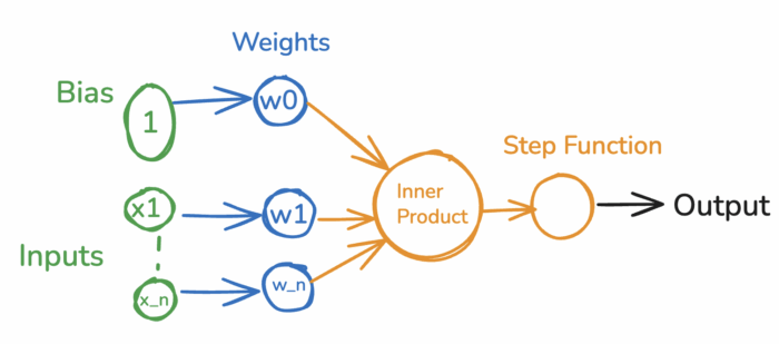 Img.2: Schematic of a perceptron where weights are applied to the inputs, resulting in a weighted sum. The sum is passed to a step function that provides the output.