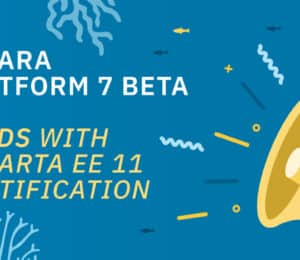 Blue background with illustrations of seaweed, fish, and a megaphone. Text reads: 'Payara Platform 7 Beta Leads With Jakarta EE 11 Certification.' Payara Community logo is visible in the top right corner.