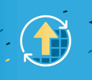 Illustration of a large upward arrow inside a circular update icon, placed over a stylised grid that suggests technology or a digital platform. The background is blue with coral shapes and small fish swimming around, giving it an ocean theme.