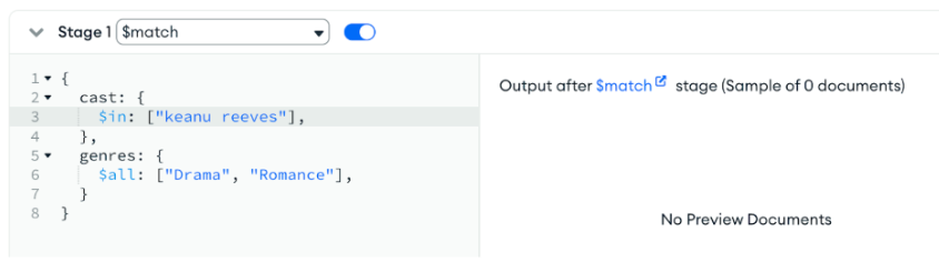 using $match with lowercase “keanu reeves”, no matches!