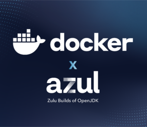 Docker and Azul Zulu Builds of OpenJDK logos on a dark blue gradient background, illustrating the collaboration and official Docker images for Azul Zulu Java.