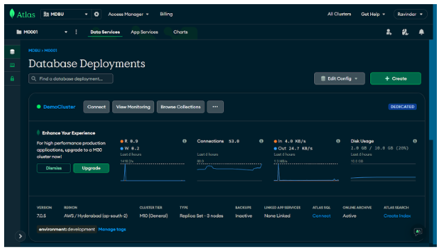 Overview of cluster configuration details on MongoDB Atlas web browser
