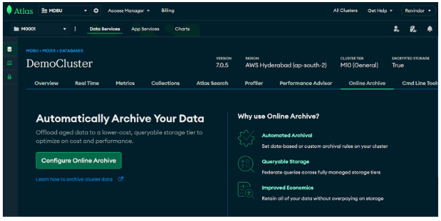 Location to configure online archive from main cluster &ndash; DemoCluster 