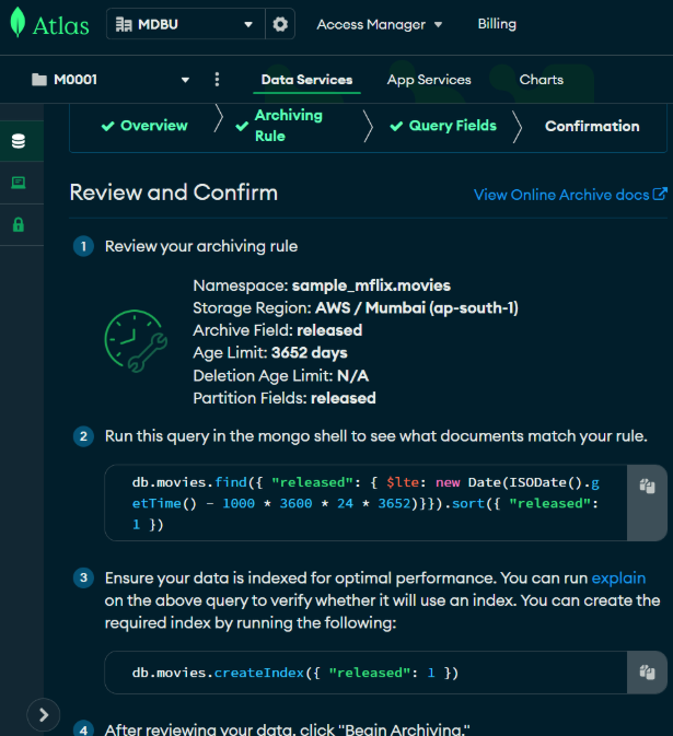 configure an online archive &ndash; Review and Confirm page