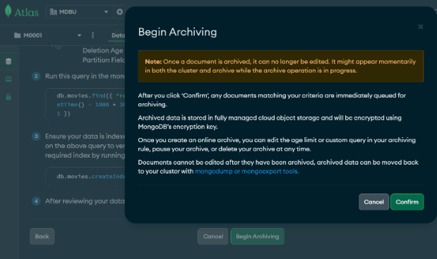 configure an online archive &ndash; Begin Archiving confirm page