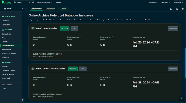 Data federation &ndash; online archive federated database instances window

