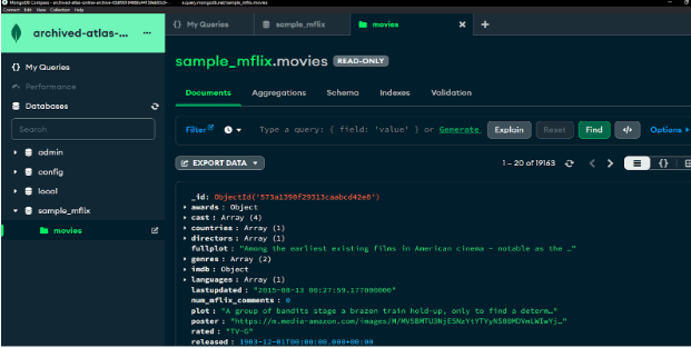 Archived database collection &ndash; sample_mflix.moves data only from this connection string
