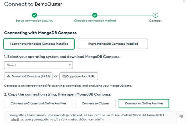 Three separate connection strings after online archive setup completed
