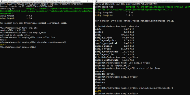 ShellPrompt &rarr; The left side is only an archived database view; the right side is an Atlas online archive cluster databases view.
