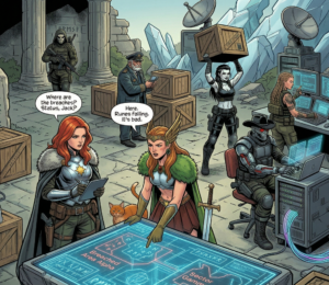 Gord the swordsmaster woman is setting up a command center with the help of Freyja.